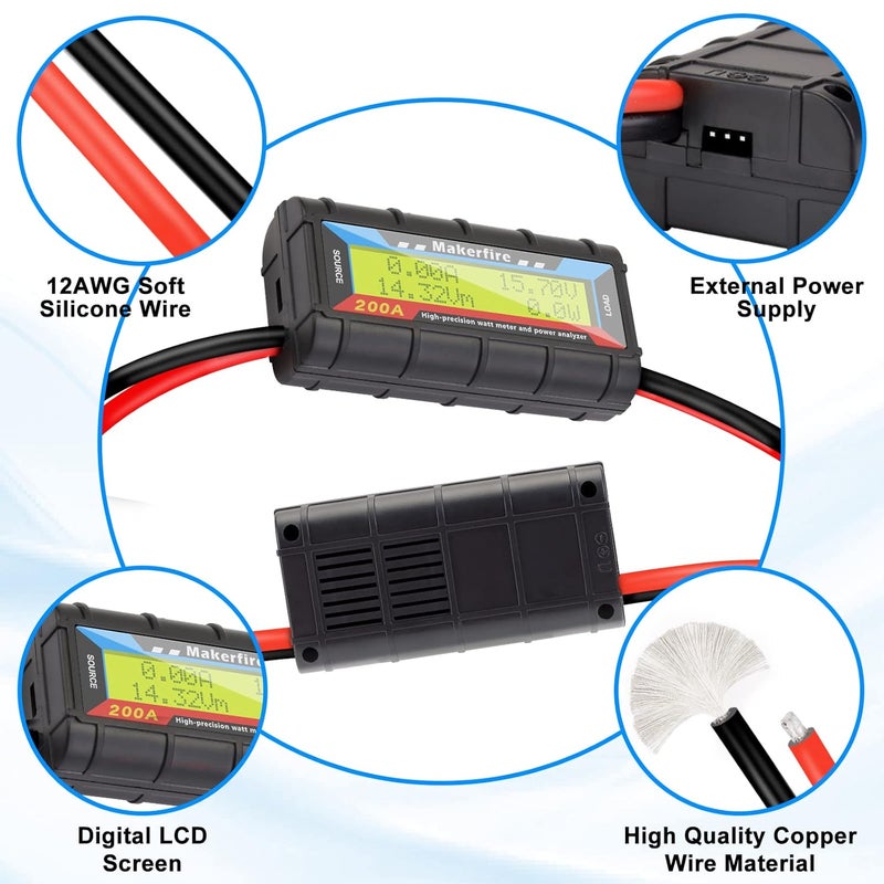 Makerfire 200A Upgraded Watt Meter with Longer Wire, High Precision Power Analyzer Battery Testers Voltage Amp Consumption Performance Monitor with LCD Backlight Screen for RC,Solar,Wind Power,Ebike - Image 4